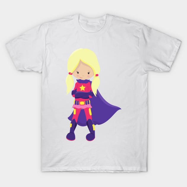 Superhero Girl, Blonde Hair, Purple Cape, Hero T-Shirt by Jelena Dunčević